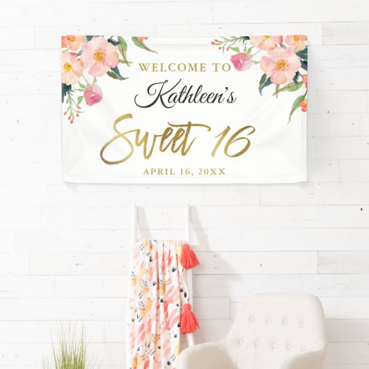 Roze Floral Gold Script Sweet 16 Birthday Banner (Insitu)