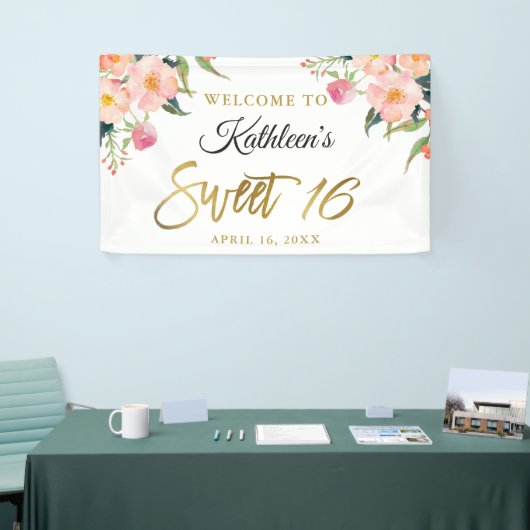 Roze Floral Gold Script Sweet 16 Birthday Banner (Beurs)