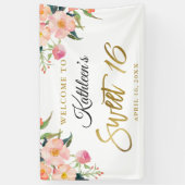 Roze Floral Gold Script Sweet 16 Birthday Banner (Verticaal)