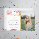 Roze Floral Gold Script Sweet 16 Birthday Foto Kaart<br><div class="desc">Vier de mijlpaal van het veranderen van Sweet 16 met onze betoverende verjaardag uitnodiging. Ontworpen met levendige roze waterverf, een faux gouden folie kalligrafie script met het lezen van "Sweet 16" en een gepersonaliseerde foto van het verjaardagsmeisje, deze uitnodiging zet de perfecte toon voor een gedenkwaardige viering. De combinatie van...</div>