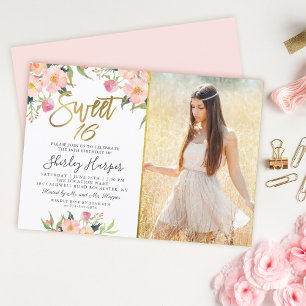 Roze Floral Gold Script Sweet 16 Birthday Foto Kaart
