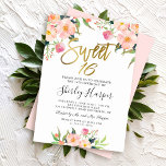 Roze Floral Gold Script Sweet Sixteen 16 verjaarda Kaart<br><div class="desc">Roze Floral Gold Script Sweet Sixteen uitnodiging van 16 september</div>