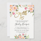 Roze Floral Gold Script Sweet Sixteen 16 verjaarda Kaart (Voorkant)