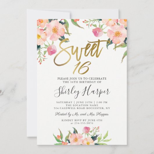 Roze Floral Gold Script Sweet Sixteen 16 verjaarda Kaart (Voorkant)