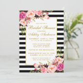 Roze Floral Gold Striped Bridal Shower Kaart (Staand voorkant)