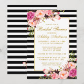 Roze Floral Gold Striped Bridal Shower Kaart (Voorkant / Achterkant)