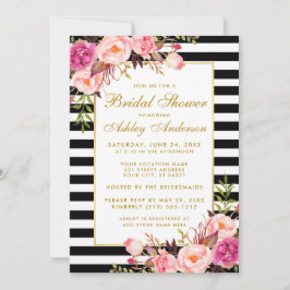 Roze Floral Gold Striped Bridal Shower Kaart