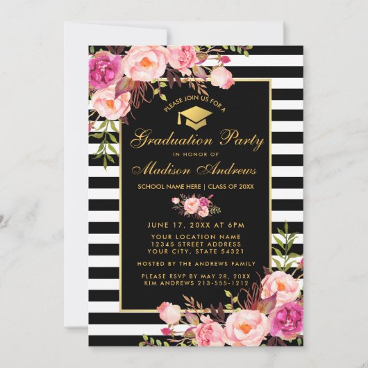 Roze Floral Gold Striped Graduparty Invite Kaart (Voorkant)