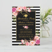Roze Floral Gold Striped Graduparty Invite Kaart (Staand voorkant)