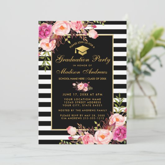 Roze Floral Gold Striped Graduparty Invite Kaart (Staand voorkant)