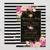 Roze Floral Gold Striped Graduparty Invite Kaart (Voorkant / Achterkant)