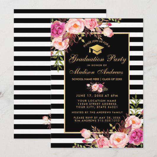Roze Floral Gold Striped Graduparty Invite Kaart (Voorkant / Achterkant)