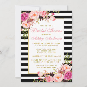 Roze Floral Gold Striped Vrijgezellenfeest Invite  Kaart