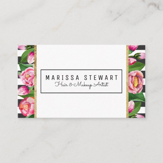 Roze Floral Gold Stripes Loyalty Appointment Card Afsprakenkaartje (Voorkant)