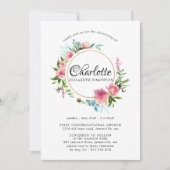 Roze Floral & Gold Wreath Christening Invitations Kaart (Voorkant)