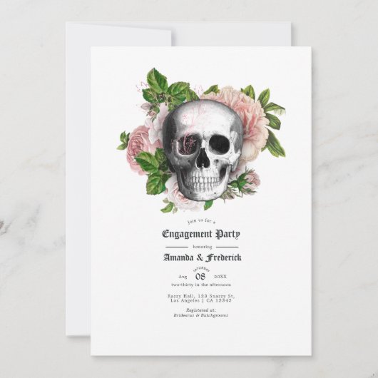 Roze Floral Gothic Skull Engagement Party Kaart (Voorkant)