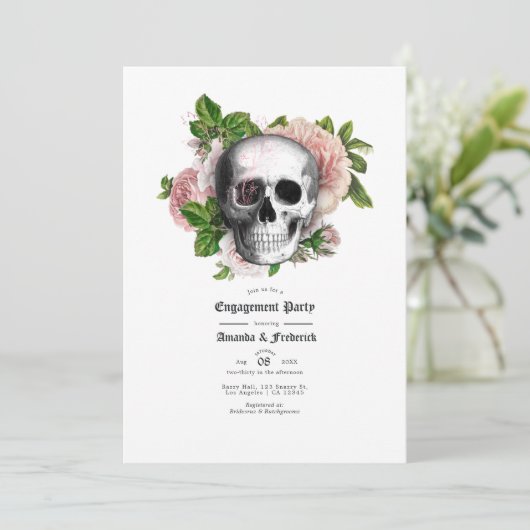 Roze Floral Gothic Skull Engagement Party Kaart (Staand voorkant)