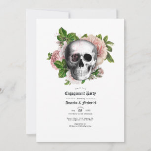 Roze Floral Gothic Skull Engagement Party Kaart