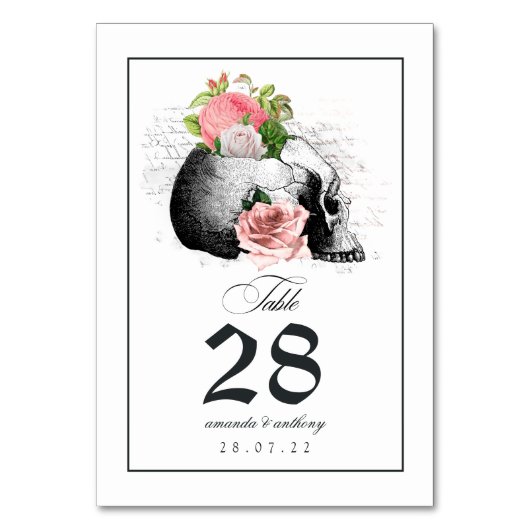 Roze Floral Gothic Skull Table Number Kaart (Achterkant)