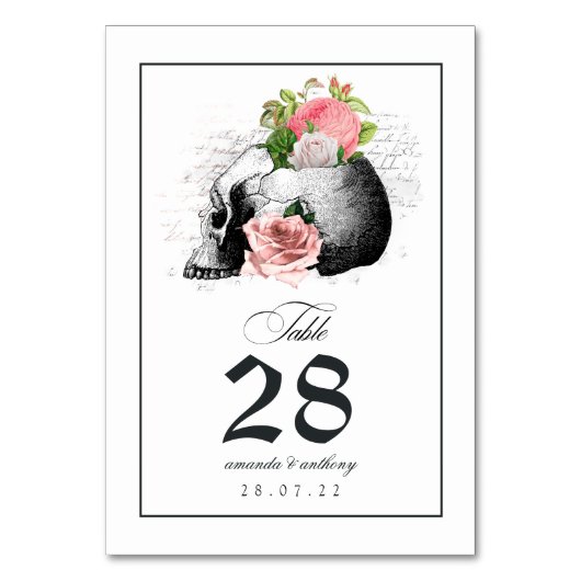 Roze Floral Gothic Skull Table Number Kaart (Voorkant)