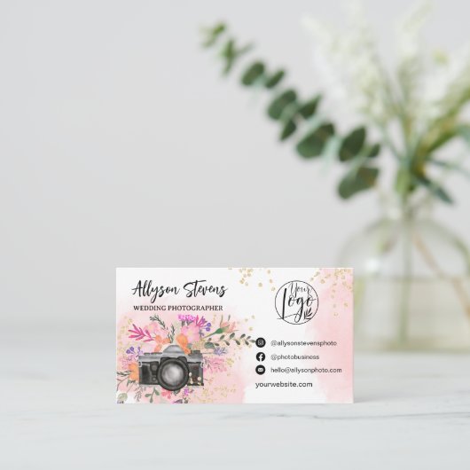Roze Floral goud Fotografie logo qr code Visitekaartje (Staand voorkant)
