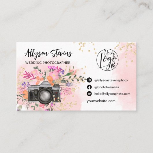 Roze Floral goud Fotografie logo qr code Visitekaartje (Voorkant)