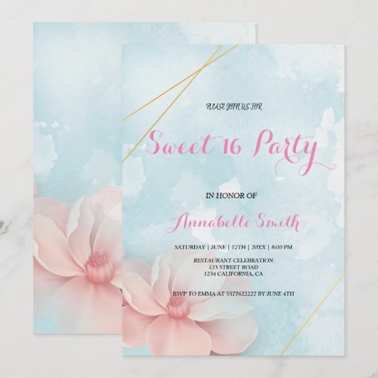 Roze floral goud lijst blauw waterverf zoet 16 kaart (Voorkant / Achterkant)