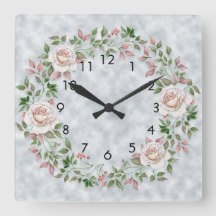 Roze Floral Green Leaders op Light Blue Wall Clock Vierkante Klok