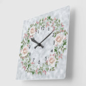 Roze Floral Green Leaders op Light Blue Wall Clock Vierkante Klok (Hoek)