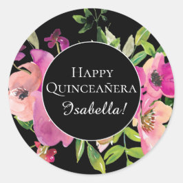 Roze Floral Green Leaves Black Happy Quinceañera Ronde Sticker