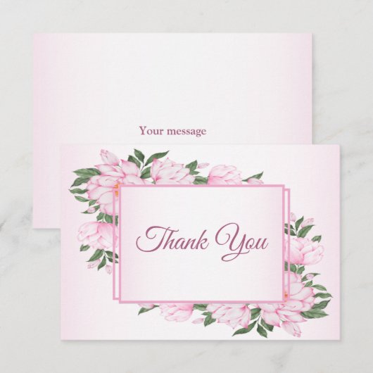 Roze Floral Green Leaves Elegant Wedding Party Bedankkaart (Voorkant / Achterkant)