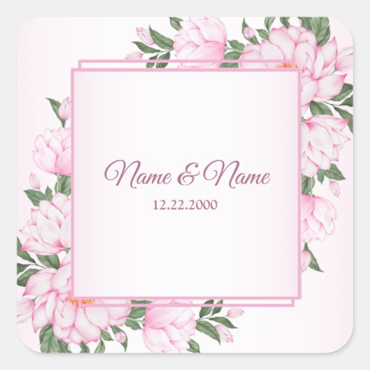 Roze Floral Green Leaves Elegant Wedding Party Vierkante Sticker (Voorkant)