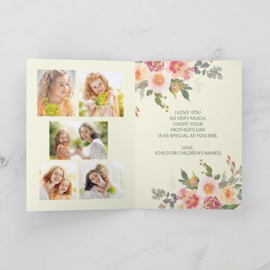 Roze Floral Green Leaves Moederdag 5 Foto Kaart (Binnen)