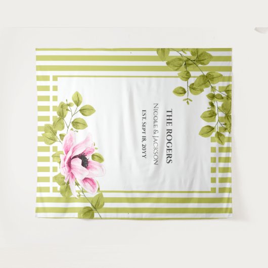 Roze Floral Green Stripes Foto Achtergrond Weddens Wandkleed (Voorkant (horizontaal))