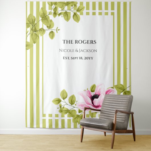 Roze Floral Green Stripes Foto Achtergrond Weddens Wandkleed (In situ)