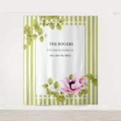 Roze Floral Green Stripes Foto Achtergrond Weddens Wandkleed (Voorkant)