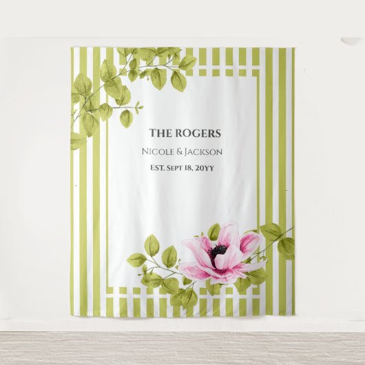 Roze Floral Green Stripes Foto Achtergrond Weddens Wandkleed (Voorkant)