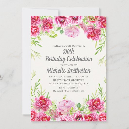 Roze  Floral Greenery 100th Birthday Kaart (Voorkant)