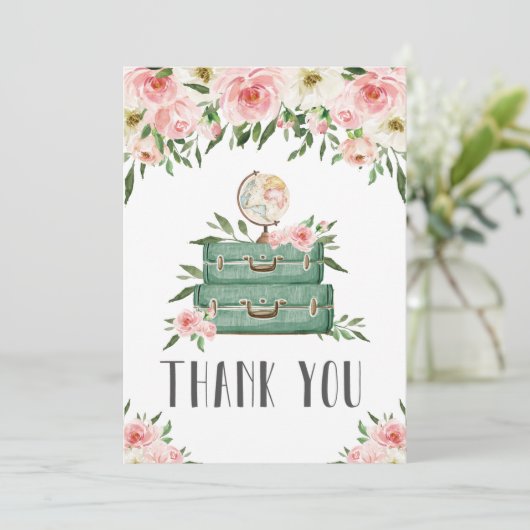 Roze Floral Greenery Adventure Baby shower Travel Bedankkaart (Staand voorkant)
