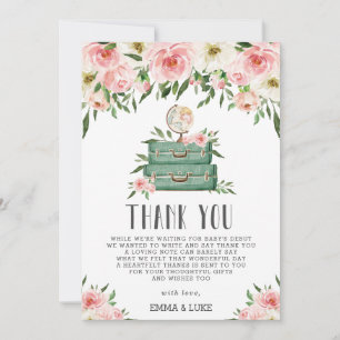 Roze Floral Greenery Adventure Baby shower Travel Bedankkaart