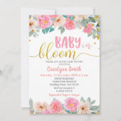Roze Floral Greenery Baby in Bloom Uitnodiging (Voorkant)