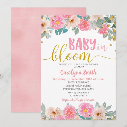 Roze Floral Greenery Baby in Bloom Uitnodiging (Voorkant / Achterkant)