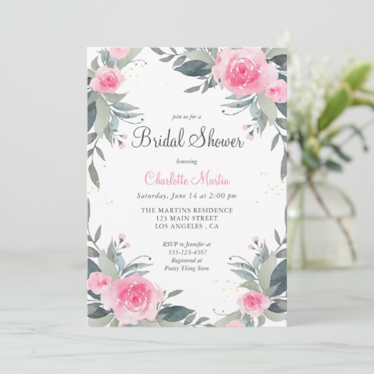 Roze Floral Greenery Bridal Shower Kaart (Staand voorkant)