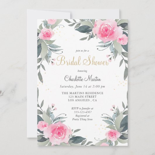 Roze Floral Greenery Bridal Shower Kaart (Voorkant)