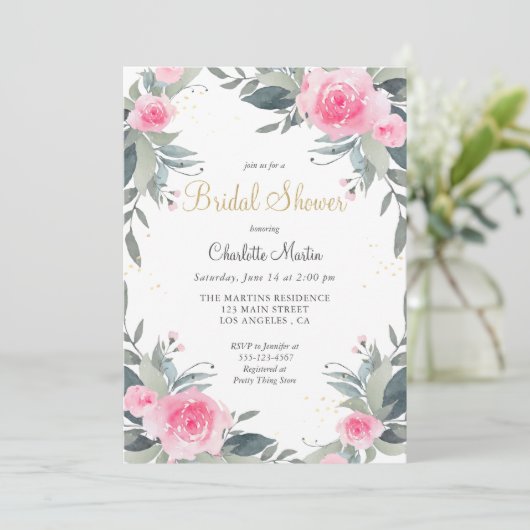 Roze Floral Greenery Bridal Shower Kaart (Staand voorkant)