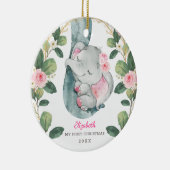 Roze Floral Greenery Elephant Baby 1e Kerstmis Keramisch Ornament (Rechts)