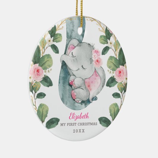 Roze Floral Greenery Elephant Baby 1e Kerstmis Keramisch Ornament (Rechts)