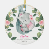 Roze Floral Greenery Elephant Baby 1e Kerstmis Keramisch Ornament (Voorkant)