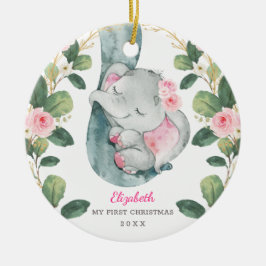 Roze Floral Greenery Elephant Baby 1e Kerstmis Keramisch Ornament
