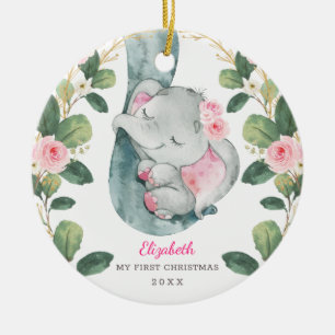 Roze Floral Greenery Elephant Baby 1e Kerstmis Keramisch Ornament